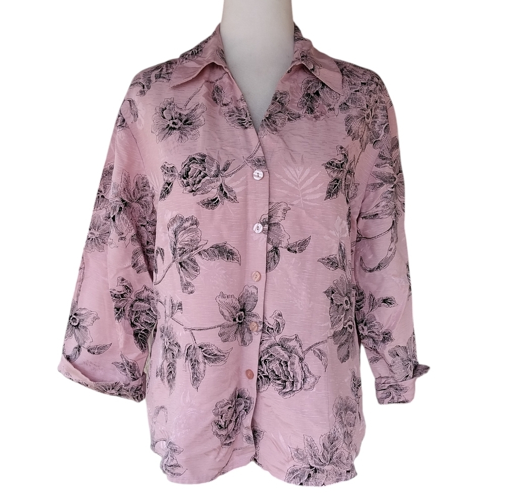 Anne Carson Dusty Pink Black Floral Print Button Front Silk Shirt Size Large